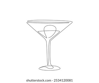 Desenho contínuo de uma linha de coquetel de vidro martini. Ilustração de desenho de uma linha de vidro martini. Dia Mundial do Martini conceito linha única. Estrutura de tópicos editável