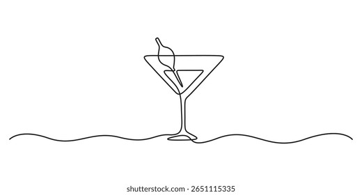 Continuous one line drawing of a cocktail wine glass with a straw on a white background vector illustration