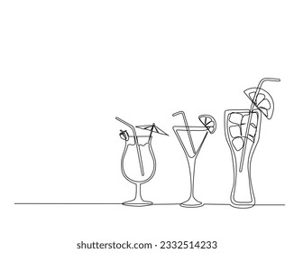 Continuous one line drawing of cocktails. exotic cocktails drink outline design. Editable stroke.