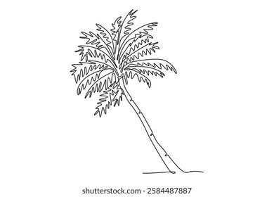 Continuous one line drawing of coco nucifera. Decorative coconut palm tree concept for wall decor poster print art travel vacation tourism campaign. Single line draw design vector graphic illustration