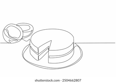 Continuous one line drawing the coconut torte sliced ​​served on plate. The cut part has been taken to be enjoyed. Delectation. National Coconut Torte Day. Single line draw design vector illustration