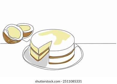 Continuous one line drawing the coconut torte sliced ​​served on plate. The cut part has been taken to be enjoyed. Delectation. National Coconut Torte Day. Single line draw design vector illustration