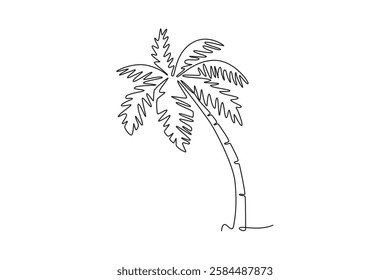 Continuous one line drawing coconut tree logo. Decorative cocos nucifera palm for hello summer greeting post card. Tourism travel vacation concept. Single line draw design vector graphic illustration