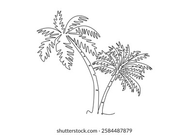 Continuous one line drawing coconut tree logo icon. Decorative cocos nucifera, beach palm tree family concept for greeting hello summer post card. Single line draw design vector graphic illustration