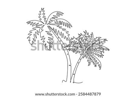 Continuous one line drawing coconut tree logo icon. Decorative cocos nucifera, beach palm tree family concept for greeting hello summer post card. Single line draw design vector graphic illustration