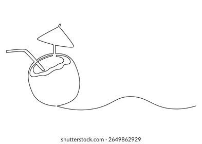 Continuous one line drawing of Coconuts fruit beach. Single line drawing illustration of Coconut water. Summer holiday concept vector art. Doodle line illustration.