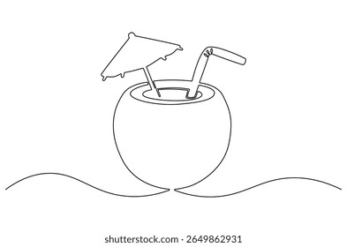 Continuous one line drawing of Coconuts fruit beach. Single line drawing illustration of Coconut water. Summer holiday concept vector art. Doodle line illustration.