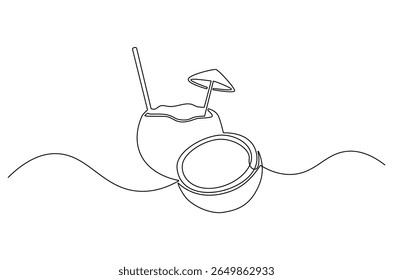 Continuous one line drawing of Coconuts fruit beach. Single line drawing illustration of Coconut water. Summer holiday concept vector art. Doodle line illustration.