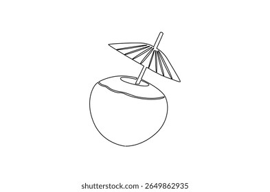 Continuous one line drawing of Coconuts fruit beach. Single line drawing illustration of Coconut water. Summer holiday concept vector art. Doodle line illustration.