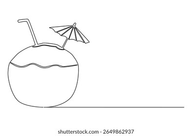 Continuous one line drawing of Coconuts fruit beach. Single line drawing illustration of Coconut water. Summer holiday concept vector art. Doodle line illustration.