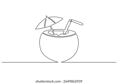 Continuous one line drawing of Coconuts fruit beach. Single line drawing illustration of Coconut water. Summer holiday concept vector art. Doodle line illustration.