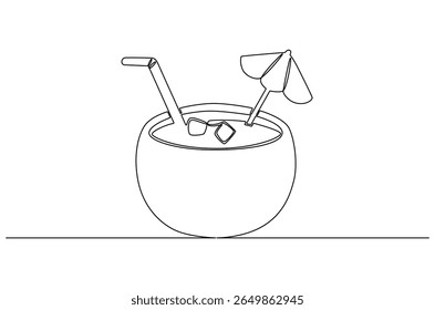 Continuous one line drawing of Coconuts fruit beach. Single line drawing illustration of Coconut water. Summer holiday concept vector art. Doodle line illustration.