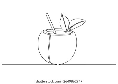 Continuous one line drawing of Coconuts fruit beach. Single line drawing illustration of Coconut water. Summer holiday concept vector art. Doodle line illustration.