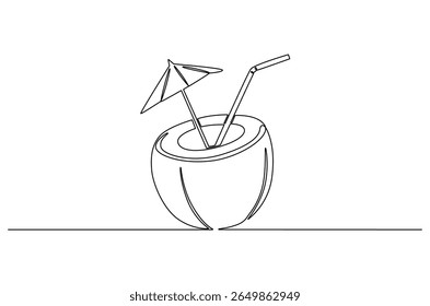 Continuous one line drawing of Coconuts fruit beach. Single line drawing illustration of Coconut water. Summer holiday concept vector art. Doodle line illustration.