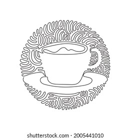 Continuous one line drawing coffee cup for latte, espresso, cappuccino. Hot coffee ready to drink for breakfast. Swirl curl circle background style. Single line draw design vector graphic illustration