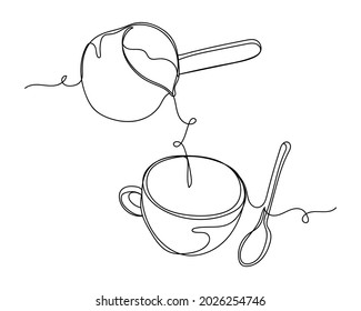 Dibujo continuo de una línea de la preparación del café vertiendo café conceptual en silueta sobre un fondo blanco. Linear estilizado.Minimalista.
