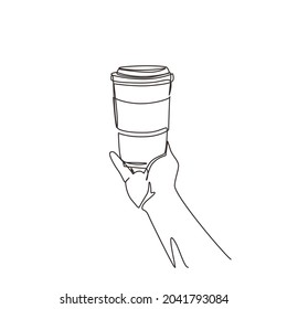 Trato continuo de una línea de café taza desechable en mano de hombre de negocios. Café en gráfico de línea. La mano del hombre sostiene un icono de la taza de café. Símbolo de taza de café. Ilustración vectorial de diseño de líneas simples