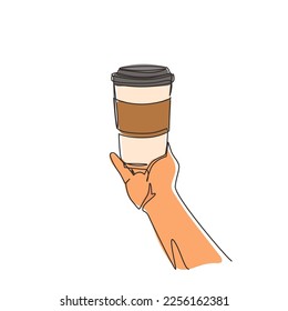 Continuous one line drawing coffee disposable cup in businessman hand. Coffee cup in line graphic. Hand of man holds coffee cup icon. Symbol of coffee mug. Single line draw design vector illustration