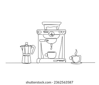 Continuous one line drawing of coffee maker machine with moca pot and cup of coffee. Coffee maker and moca pot  line art vector illustration. Editable stroke.	