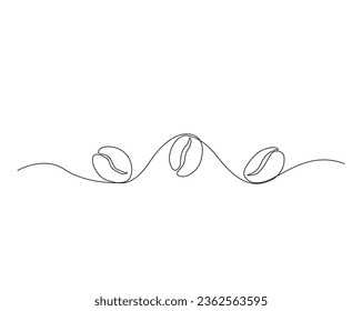 Continuous one line drawing of coffee beans. Roasted coffee beans line art vector illustration. Editable stroke.	