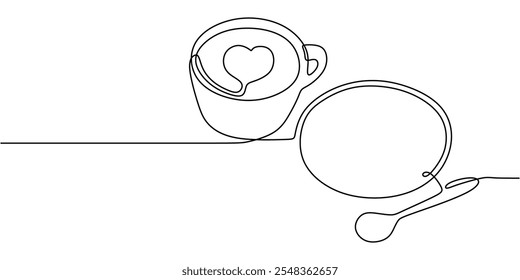 Desenho contínuo de uma linha de uma xícara de café, pires e colher, representando um tema de comida e bebida minimalista.