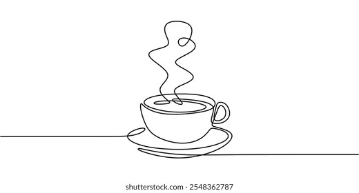 A continuous one line drawing of a coffee cup with rising steam. A simple, minimalist illustration for food and drink themes.