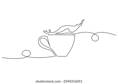 Continuous one line drawing of Coffee or tea splashes out of the cup. Single line drawing illustration of spilled coffee or tea. Coffe or tea concept vector art. Doodle line illustration.

