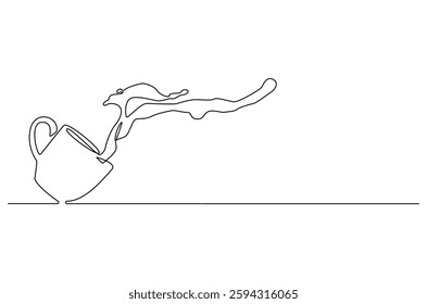 Continuous one line drawing of Coffee or tea splashes out of the cup. Single line drawing illustration of spilled coffee or tea. Coffe or tea concept vector art. Doodle line illustration.

