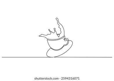 Continuous one line drawing of Coffee or tea splashes out of the cup. Single line drawing illustration of spilled coffee or tea. Coffe or tea concept vector art. Doodle line illustration.


