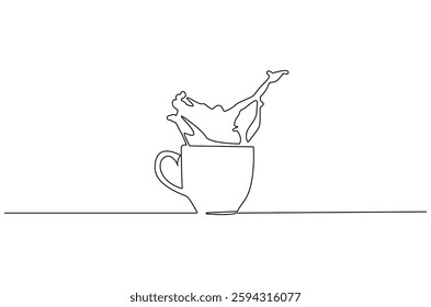 Continuous one line drawing of Coffee or tea splashes out of the cup. Single line drawing illustration of spilled coffee or tea. Coffe or tea concept vector art. Doodle line illustration.

