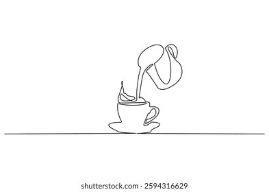 Continuous one line drawing of Coffee or tea pouring into the cup. Single line drawing illustration of pouring Coffee or tea. Coffe or tea concept vector art. Doodle line illustration.
