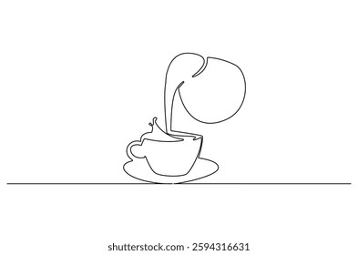 Continuous one line drawing of Coffee or tea pouring into the cup. Single line drawing illustration of pouring Coffee or tea. Coffe or tea concept vector art. Doodle line illustration.
