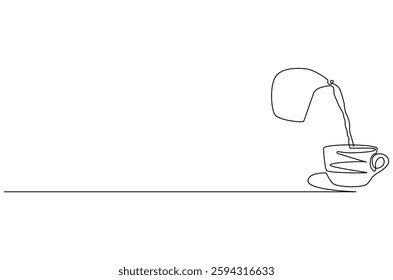 Continuous one line drawing of Coffee or tea pouring into the cup. Single line drawing illustration of pouring Coffee or tea. Coffe or tea concept vector art. Doodle line illustration.
