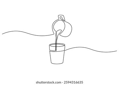 Continuous one line drawing of Coffee or tea pouring into the cup. Single line drawing illustration of pouring Coffee or tea. Coffe or tea concept vector art. Doodle line illustration.
