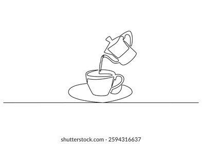 Continuous one line drawing of Coffee or tea pouring into the cup. Single line drawing illustration of pouring Coffee or tea. Coffe or tea concept vector art. Doodle line illustration.
