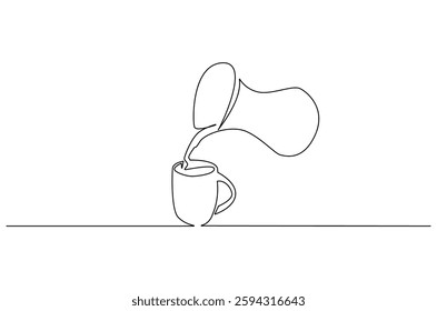 Continuous one line drawing of Coffee or tea pouring into the cup. Single line drawing illustration of pouring Coffee or tea. Coffe or tea concept vector art. Doodle line illustration.
