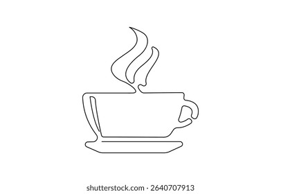 Continuous one line drawing of a coffee cup with heart-shaped steam, A cup of coffee with steam in single line draw illustration. Coffee cup continuous line sketch tea icon  sketch drink single art.