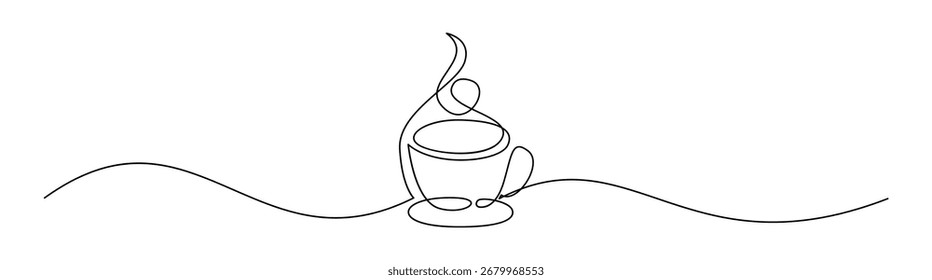 Continuous one line drawing of a coffee cup with steam. Minimalist vector illustration for logo, menu, print.