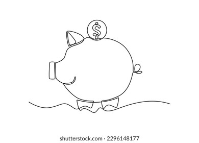 Continuous one line drawing coin on piggy bank. financial literacy concept. Single line draw design vector graphic illustration.