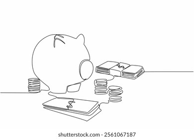 Continuous one line drawing coins, banknotes and piggy bank. Preparation for the future. Save as much money as possible. National Financial Awareness Day. Single line draw design vector illustration