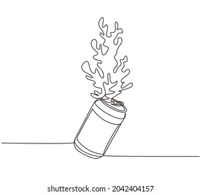 Continuous One Line Drawing Cola Splashing Out Of A Aluminum Can. Soda Water Splashing Out Of Canned, Fresh Liquid Or Soda Splash With Fresh Water Drop. Single Line Draw Design Vector Illustration