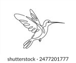 Continuous one line drawing of colibri. Humming bird. Abstract flying bird outline vector illustration.