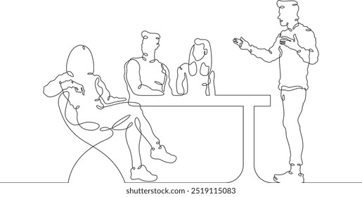 Continuous one line drawing collaboration in the office. Creative employee meeting in the office. Meeting at work. One continuous line isolated minimal illustration.