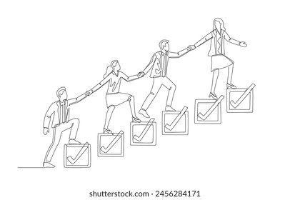 Continuous one line drawing of colleagues holding hands and stepping up stairs of completed checkboxes, team project progress or team workflow concept, single line art.