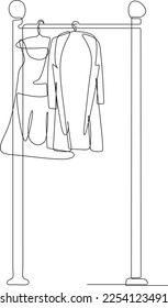 Continuous one line drawing Collection of clothes hanging on a rack. Clothing concept. Single line draw design vector graphic illustration.