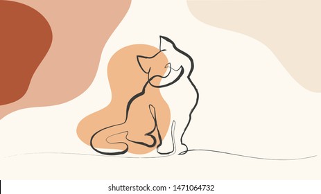 Continuous one line drawing with color spots. Cat sitting with curled tail. Vector illustration