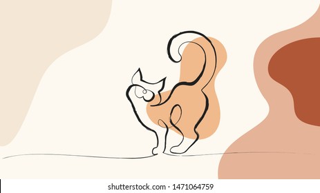 Continuous one line drawing with color spots. Cat standing with curled tail. Vector illustration