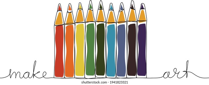 Continuous one line drawing of color pencils and handwritten text Make art. Minimalist art.