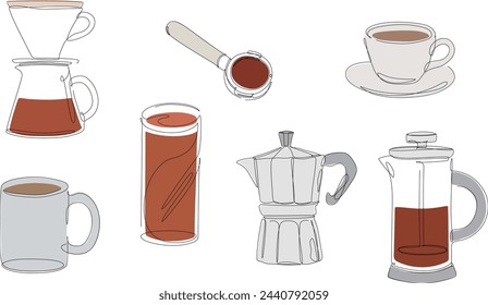 Dibujo continuo de una línea con color. Juego de café, taza, vaso, taza, olla de moka, prensa francesa, expreso, gotero. Ilustración mínima vector.	