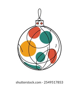 Continuous one line drawing of color christmas ball isolated vector illustration.